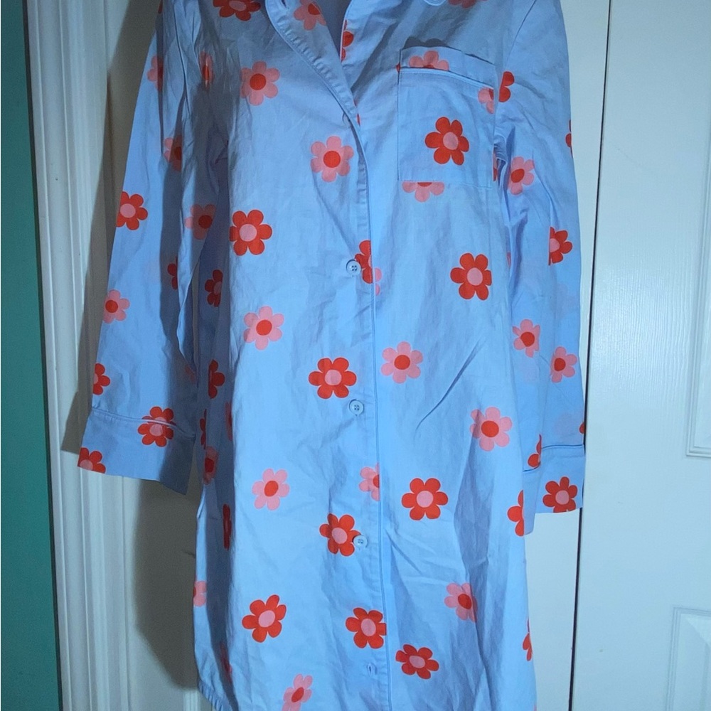 Ban.do Retro Daisy Sleep Dress Sz S Button 100% Cotton Blue Red AA15 - Picture 2 of 9